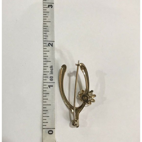 VINTAGE WISHBONE BROOCH GOOD LUCK SYMBOL GOLD TONE METAL PIN FAUX PEARL - Picture 7 of 7